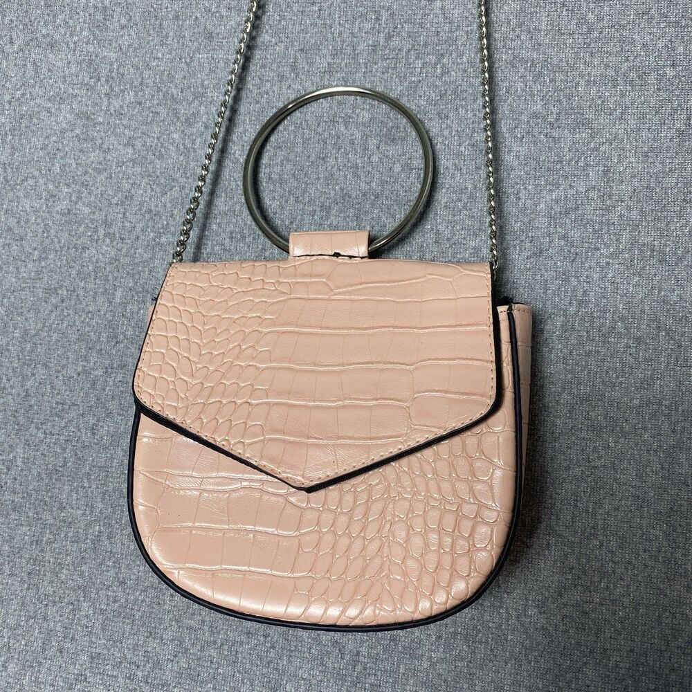 Pink Croc-embossed Crossbody Bag With Metal Handle Ring And Chain Strap